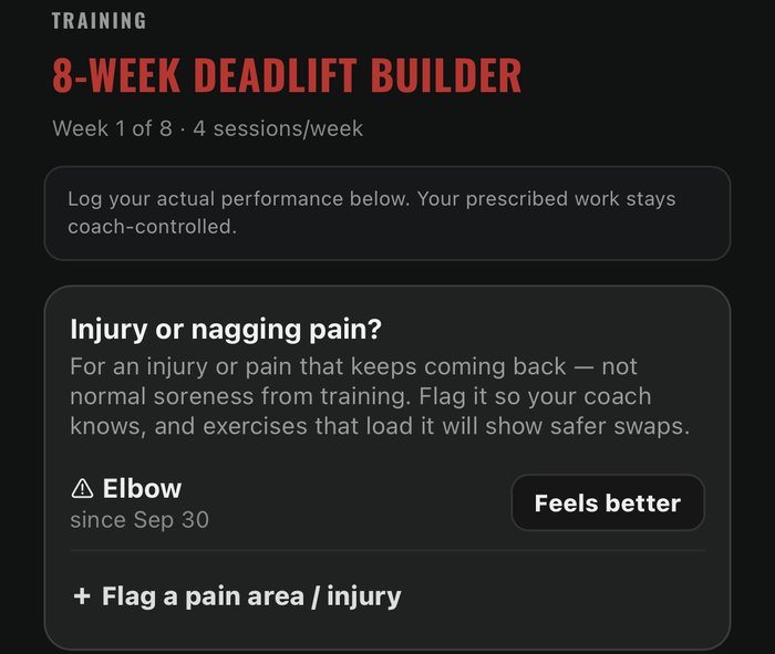 Atlas Strength app injury flag showing safer exercise swaps