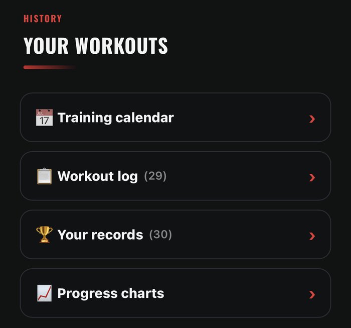 Atlas Strength app history with workout log, records and progress charts