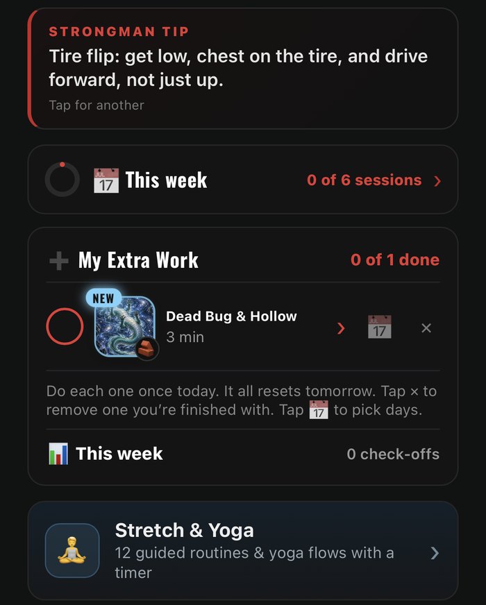 Atlas Strength app home screen with weekly progress, extra work and stretching routines