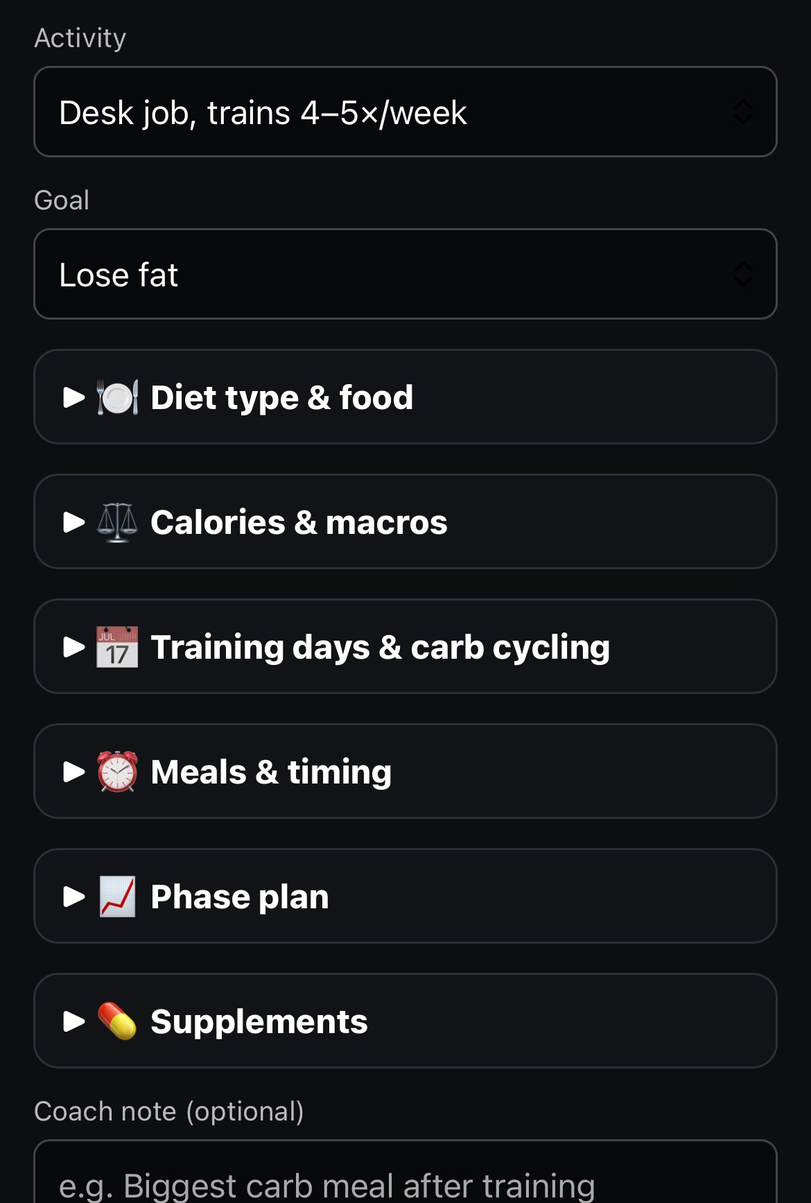 Atlas Strength app diet plan builder with goal, activity, calories and macros