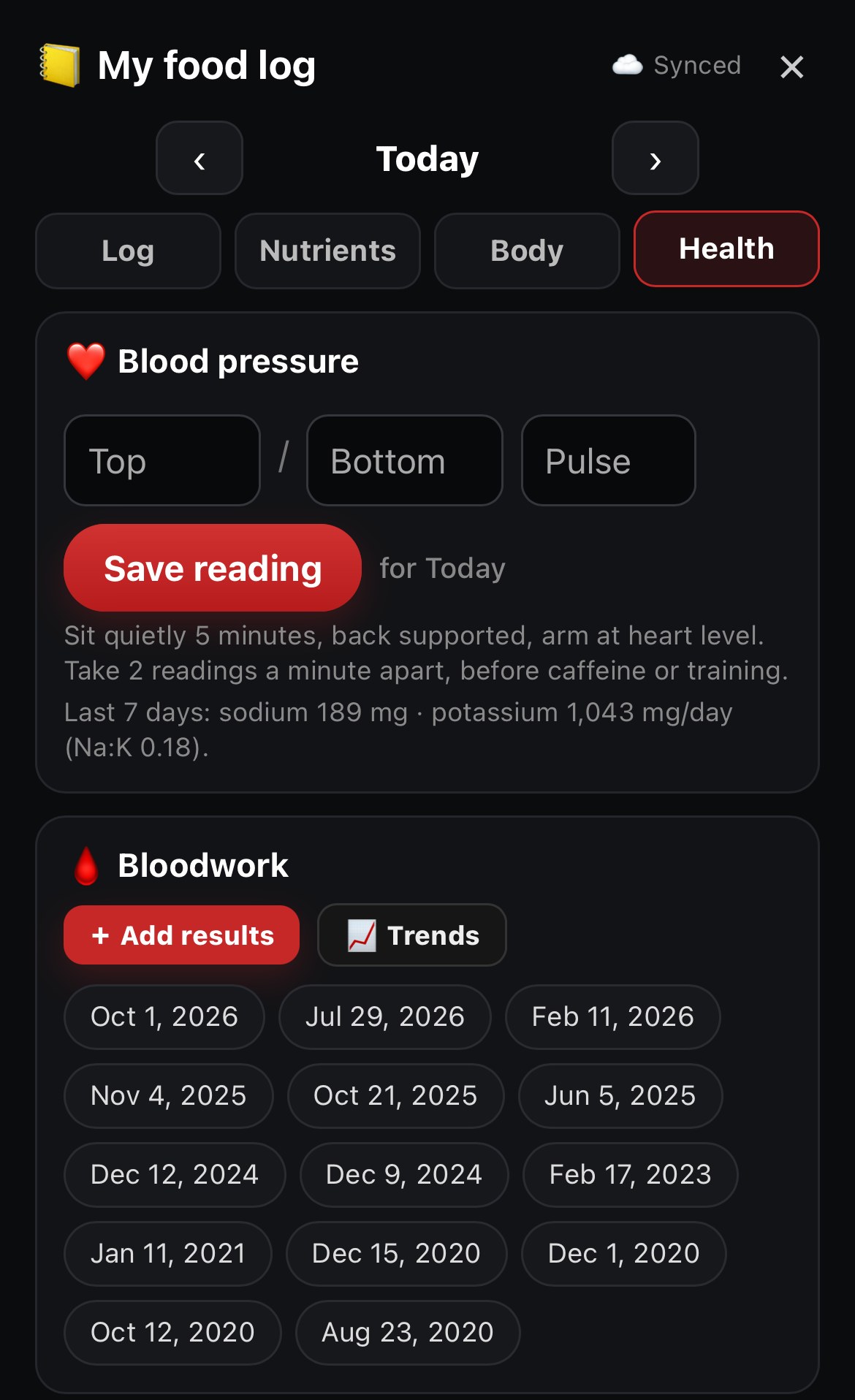 Atlas Strength app health tab for blood pressure and bloodwork