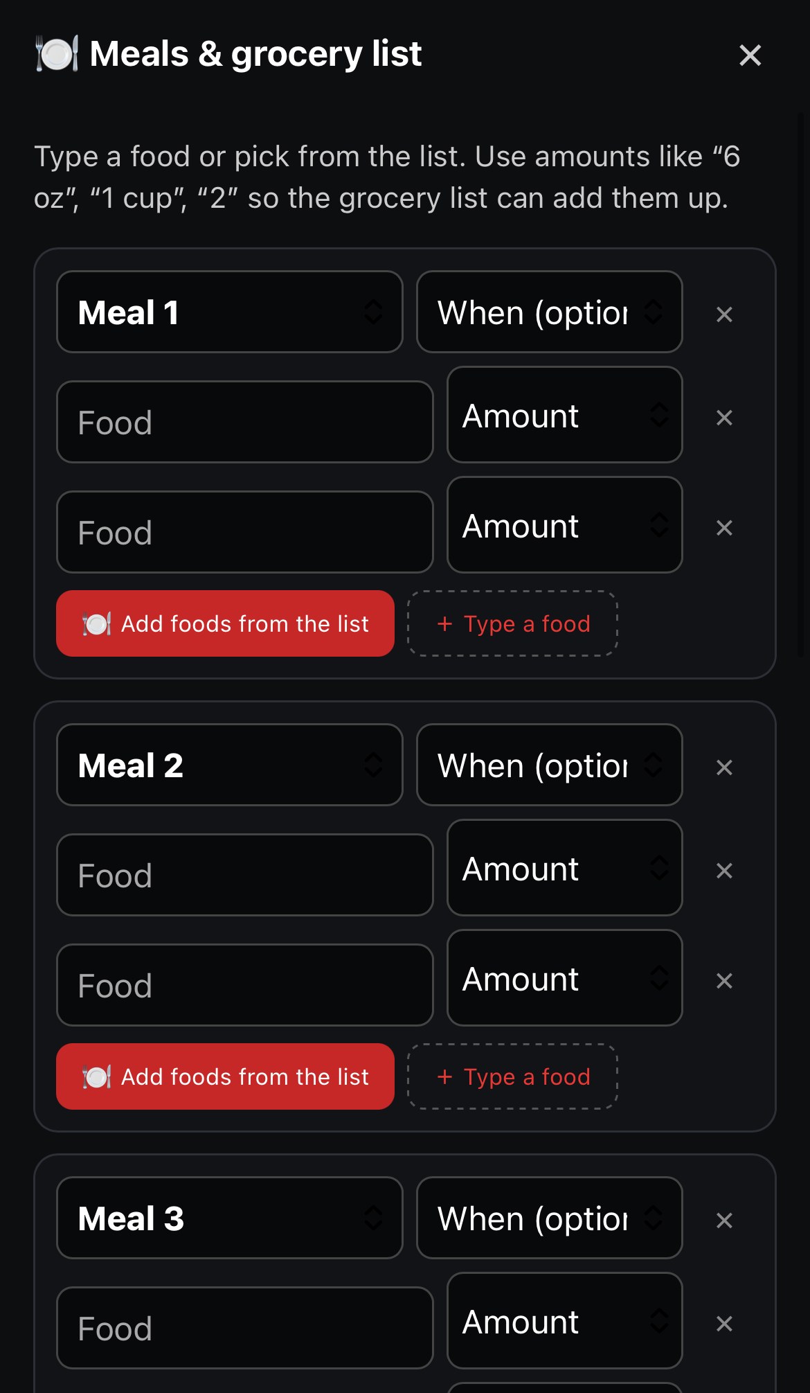 Atlas Strength app meals and grocery list