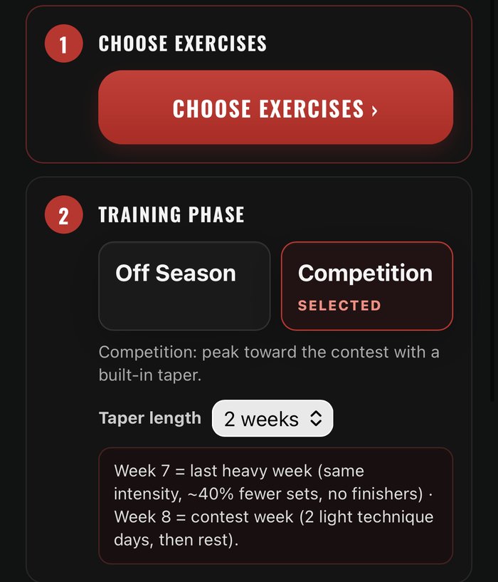 Atlas Strength program builder set to a competition taper