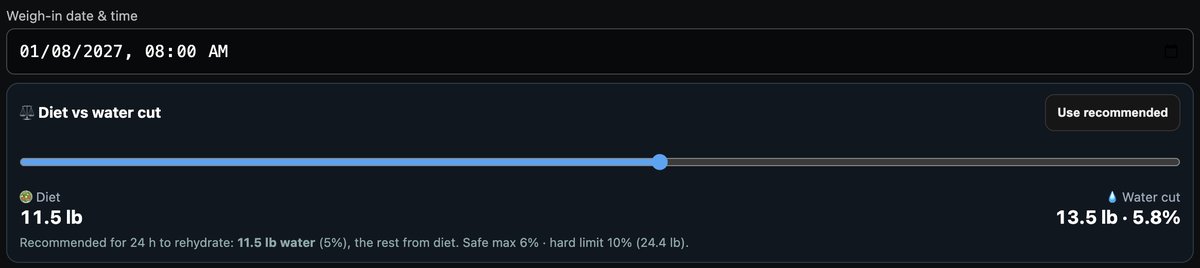 Atlas Strength app weight cut setup with weigh-in date and a diet vs water cut slider showing recommended and safe limits