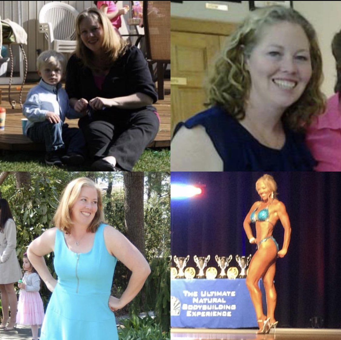 Client weight loss transformation: three before photos and an after photo on a natural bodybuilding stage