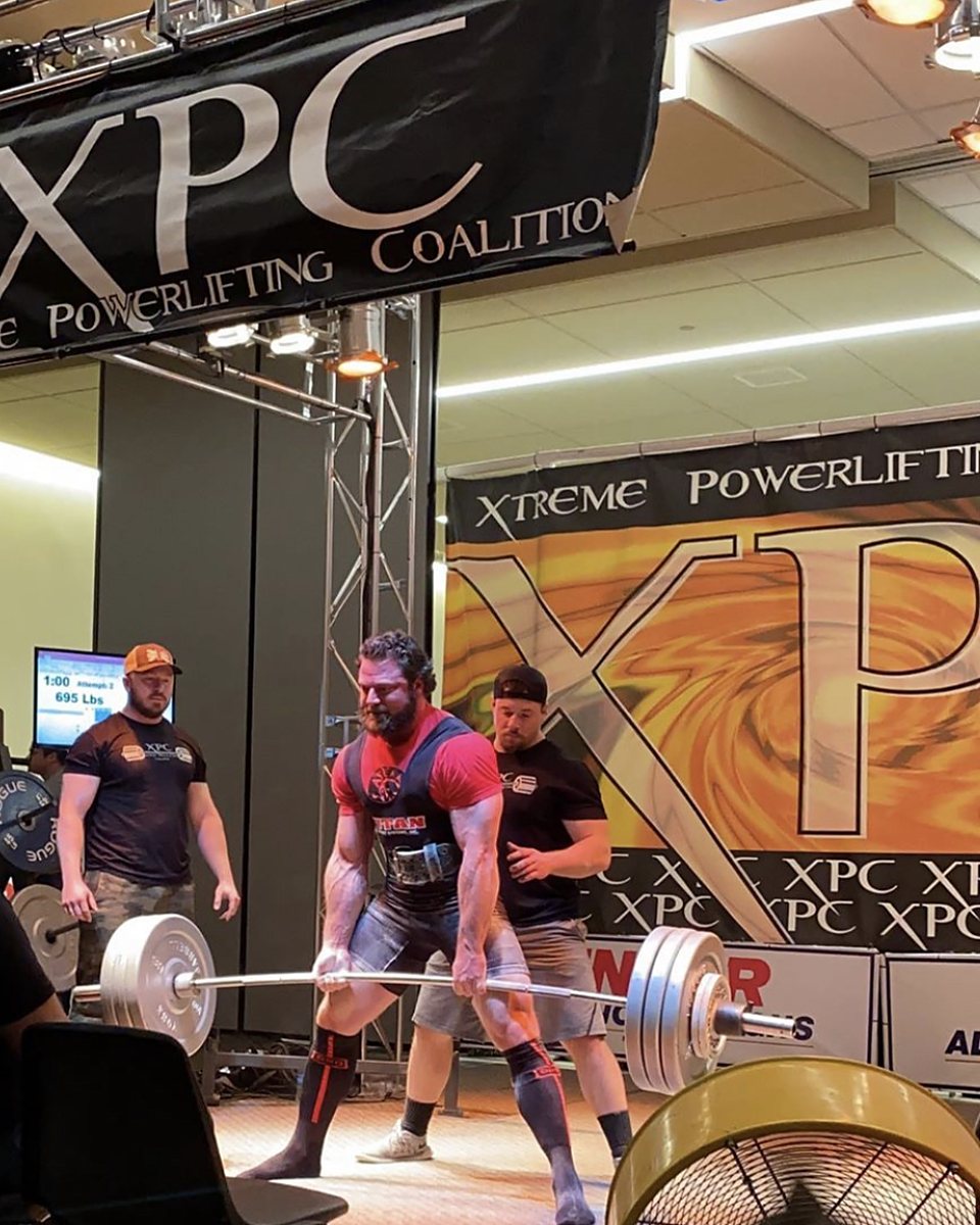 Patrick Rice pulling a 695 lb deadlift at an XPC powerlifting meet