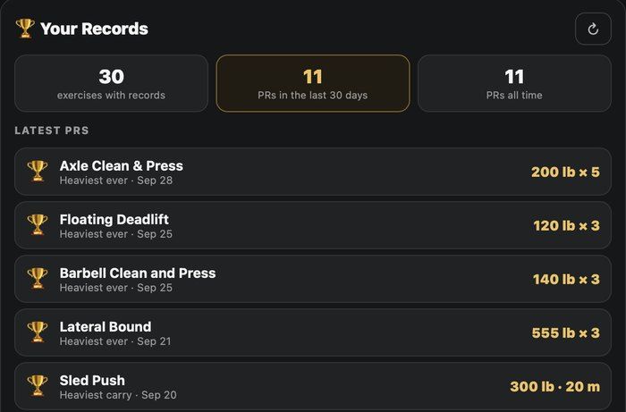 Personal records screen showing recent PRs