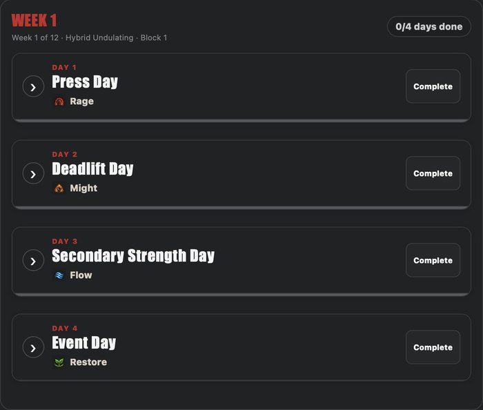 Week view with four training days